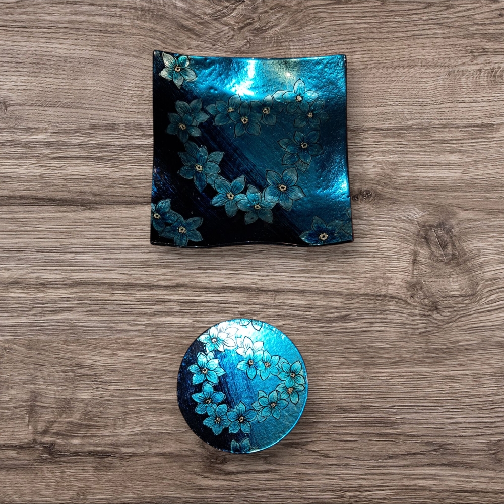 Blue Floral Glass Decorative 6"X6"Glass Plate and 4" Round Glass Coaster